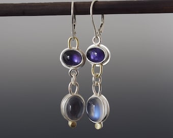 Blue Moonstone and Iolite Double Cabochon Dangle Earrings - Bezel Set AAA Gemstone Dangles