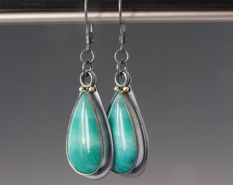 Blue Opalized Wood Teardrop Cabochon Trembler Earrings - Oxidized Sterling Silver Bezel Setting with Pierced Back and Lever backs