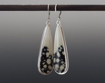 Black and White Bubble Magnesite Cabochon Earrings - Long Drops with Great Pattern