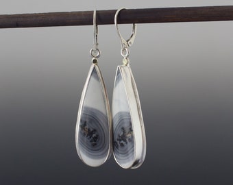 Maligano Grey Jasper Teardrop Dangle Earrings in Silver Bezel Setting with Leverbacks