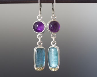 Amethyst and Aqua Kyanite Cabochon Gem Earrings - Sterling Silver with 18k and Leverbacks