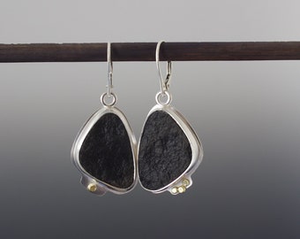 Black Jade Dangle Earrings - Natural Surface Wyoming Nephrite Cabochons in Silver Bezels