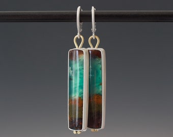 Aquascape Cabochon Drop Earrings of Long Rectangles of Opalized Wood - Uniquely Gorgeous Natural Gems