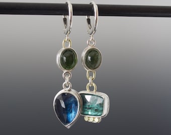 Kyanite and Tourmaline Two Gemstone Earrings - Greens and Blues