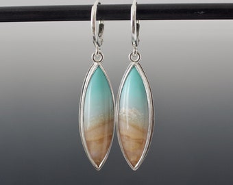 Marquise Opalized Wood Cabochon Drop Earrings - Sand and Sea Soft Colors