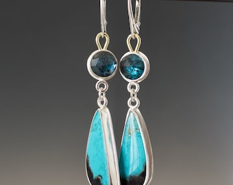 Gemmy Vivid Gem Silica and Teal Moss Kyanite Double Dangle Cabochon Earrings