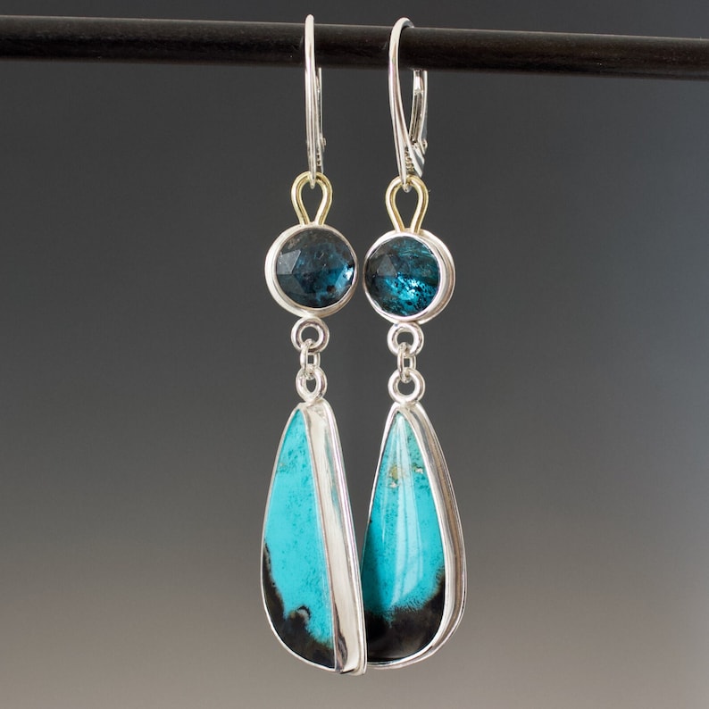 Gemmy Vivid Gem Silica and Teal Moss Kyanite Double Dangle Cabochon Earrings image 1