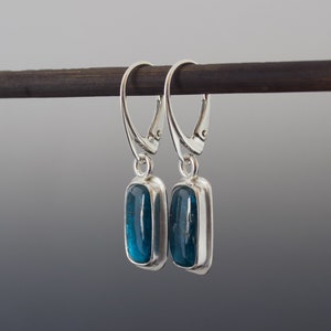 Teal Kyanite Cabochon Earrings Cushion Rectangle Bezel Set Drop Silver Earrings image 9