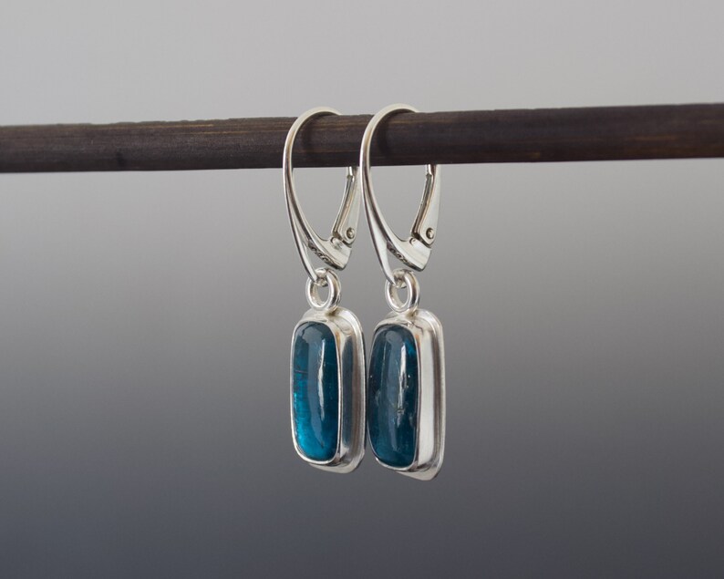 Teal Kyanite Cabochon Earrings Cushion Rectangle Bezel Set Drop Silver Earrings image 9