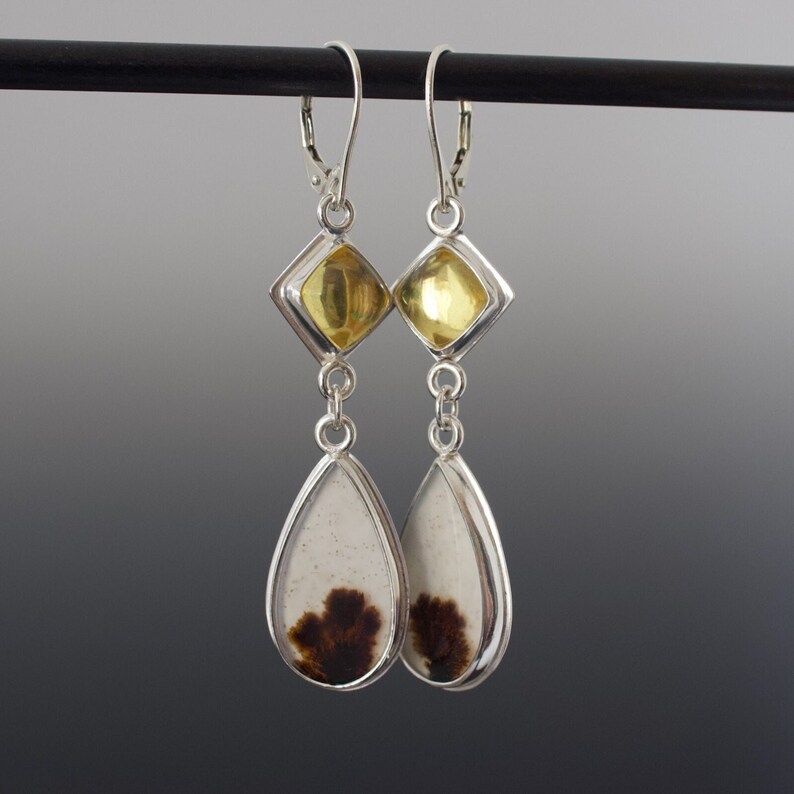 Dendritic Agate and Amber Cabochon Double Dangle Earrings Absolutely One of a Kind Jewelry image 2
