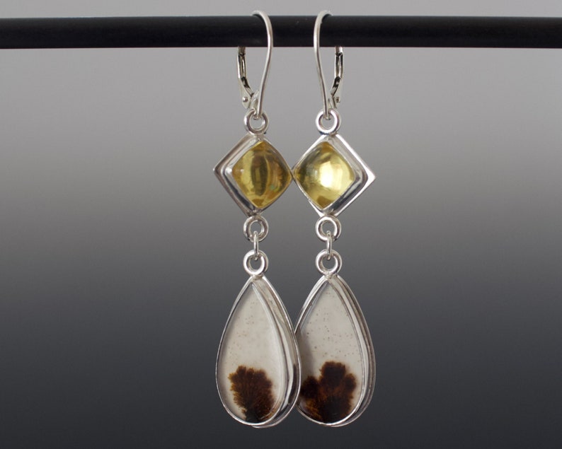 Dendritic Agate and Amber Cabochon Double Dangle Earrings Absolutely One of a Kind Jewelry image 5