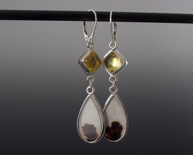 Dendritic Agate and Amber Cabochon Double Dangle Earrings Absolutely One of a Kind Jewelry image 8