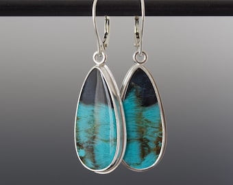 Vivid Patterned Gem Silica Drop Earrings - Bezel Set Natural Blue Gemstones in Sterling with Leverbacks