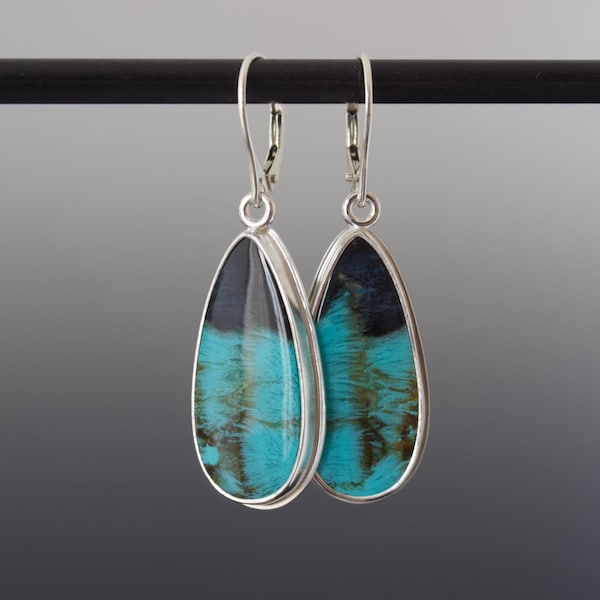 Vivid Patterned Gem Silica Drop Earrings - Bezel Set Natural Blue Gemstones in Sterling with Leverbacks