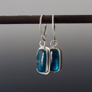 Teal Kyanite Cabochon Earrings Cushion Rectangle Bezel Set Drop Silver Earrings image 7