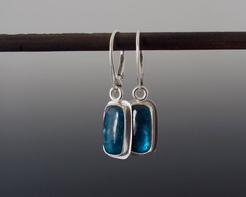 Teal Kyanite Cabochon Earrings Cushion Rectangle Bezel Set Drop Silver Earrings image 7