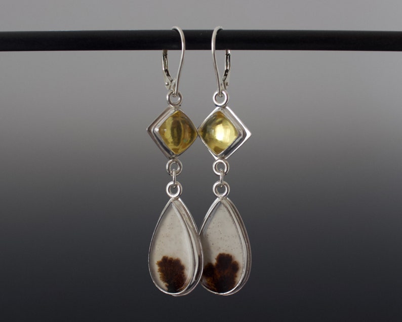 Dendritic Agate and Amber Cabochon Double Dangle Earrings Absolutely One of a Kind Jewelry image 6