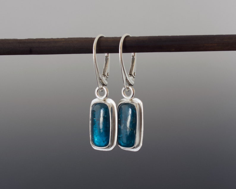 Teal Kyanite Cabochon Earrings Cushion Rectangle Bezel Set Drop Silver Earrings image 6