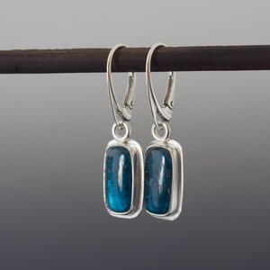 Teal Kyanite Cabochon Earrings Cushion Rectangle Bezel Set Drop Silver Earrings image 3