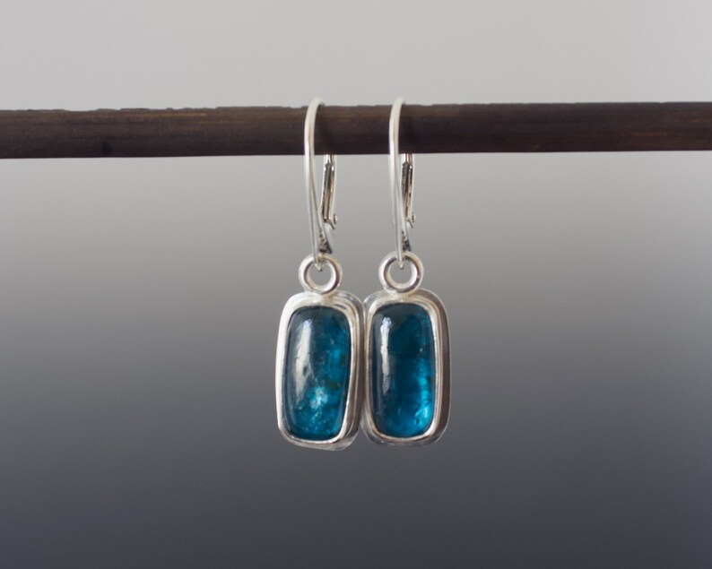 Teal Kyanite Cabochon Earrings Cushion Rectangle Bezel Set Drop Silver Earrings image 2