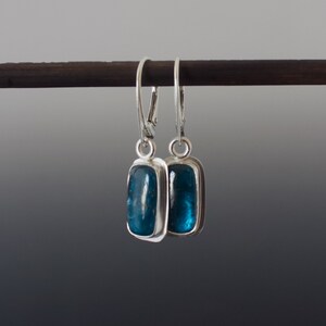 Teal Kyanite Cabochon Earrings Cushion Rectangle Bezel Set Drop Silver Earrings image 5