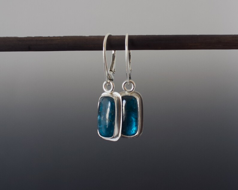 Teal Kyanite Cabochon Earrings Cushion Rectangle Bezel Set Drop Silver Earrings image 5