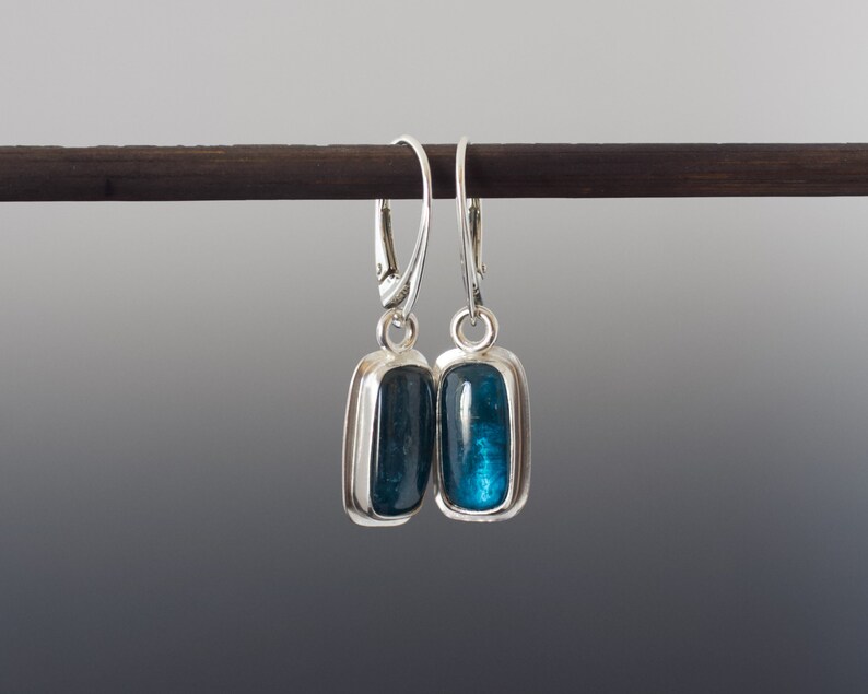 Teal Kyanite Cabochon Earrings Cushion Rectangle Bezel Set Drop Silver Earrings image 8