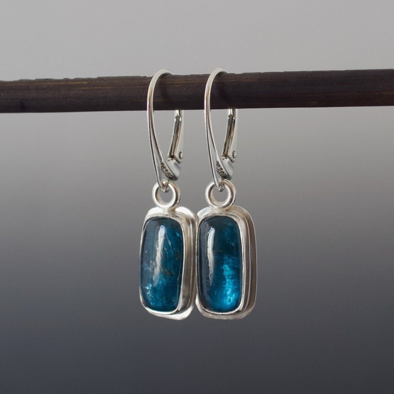 Teal Kyanite Cabochon Earrings Cushion Rectangle Bezel Set Drop Silver Earrings image 1