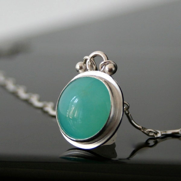 Blue Peruvian Opal Pendant Necklace - Round Bezel Set Cabochon - Sterling Silver