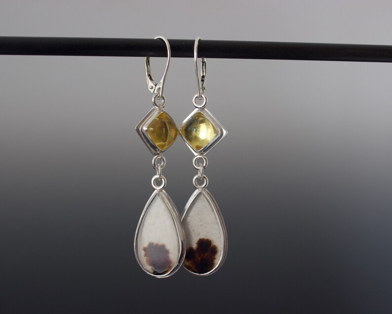 Dendritic Agate and Amber Cabochon Double Dangle Earrings Absolutely One of a Kind Jewelry image 9