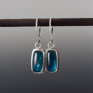 Teal Kyanite Cabochon Earrings Cushion Rectangle Bezel Set Drop Silver Earrings image 4