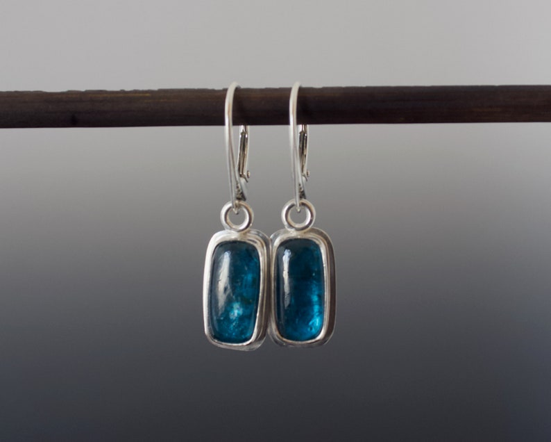 Teal Kyanite Cabochon Earrings Cushion Rectangle Bezel Set Drop Silver Earrings image 4