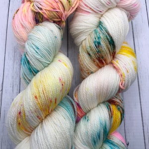 Saltwater Taffy. Hand Dyed Yarn. Speckled Yarn. Sock Yarn. Superwash Yarn. Fingering Weight Yarn.