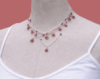 Fresh Strawberries Necklace in Sterling Silver, Strawberry Quartz, Garnet, and Spinel