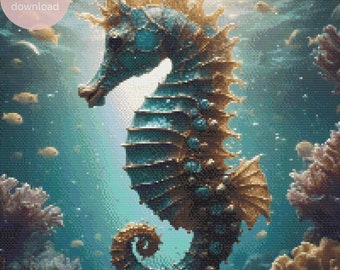 Regal Seahorse - PDF download watercolor turquoise seahorse counted cross stitch pattern