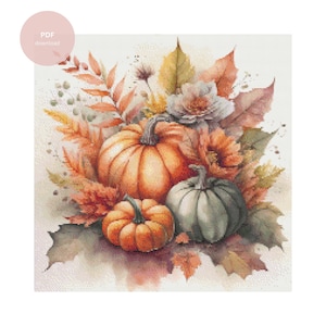 Pumpkin Patch Full Coverage Cross Stitch Pattern PDF Instant Download Pumpkin Flowers Autumn Winter Nature Halloween Watercolor