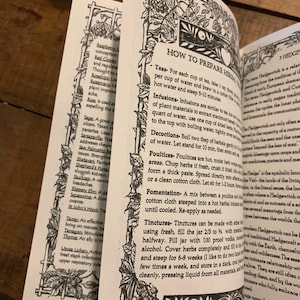 May include: A close-up of a book page with black and white illustrations of plants and herbs. The page features a section titled "How to Prepare Herbal Teas" and includes instructions for making teas, infusions, decoctions, poultices, fomentations, and tinctures. The text also mentions the use of herbs for various ailments and conditions.