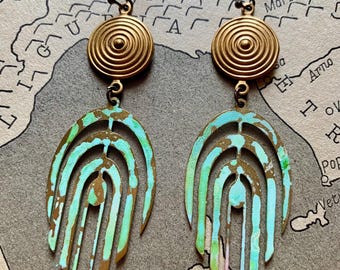 ATLANTIS Earrings / verdigris patina and brass  / mystical starseed jewelry / Atlantis Lemuria Ys/ ancient inspired sacred adornment