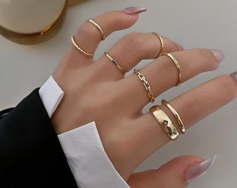 7-teiliges zierliches Goldring-Set, Knuckle-Ring-Set, lässiges Ring-Set, Damen-Ring-Set, minimalistisches Ring-Set, Geschenk für Frauen, Mutter-Ring-Set