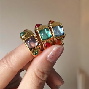 Multicolour Gold Ring, Aesthetic Gold Gemstone Ring, Colourful Crystal Ring, Statement ring, Trendy ring, Gold Chunky Ring, Gift For Her image 1