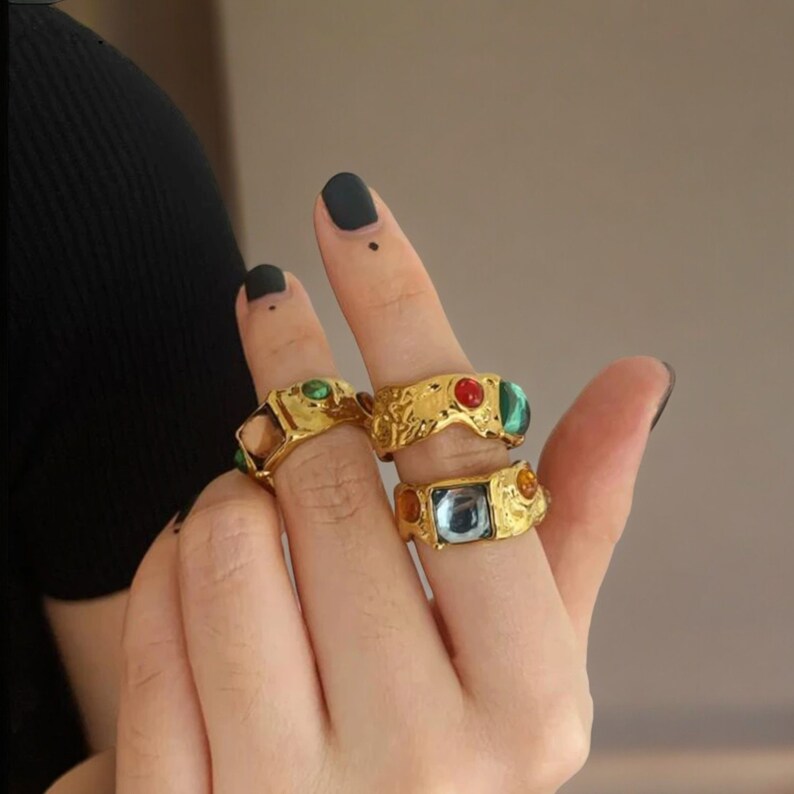 Multicolour Gold Ring, Aesthetic Gold Gemstone Ring, Colourful Crystal Ring, Statement ring, Trendy ring, Gold Chunky Ring, Gift For Her image 6