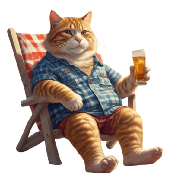 Fat Cat on Beach Clip Art, Digital Download, 10 High Quality PNG 5000px 300dpi, For Printing On TShirts, Cushions, Mugs, Bags, Wall Art