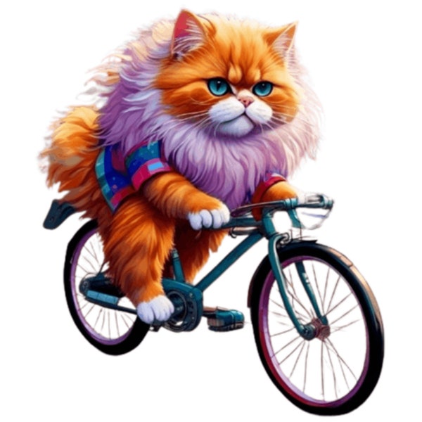 Persian Cat on Bicycle, Digital Download, 10 High Quality PNG 300dpi, For Printing On TShirts, Cushions, Mugs, Hats, Bags, Wall Art, etc.