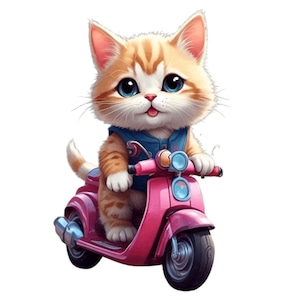 Cat on Motorcycle Clip Art, Digital Download, 10 High Quality PNG 5000px 300dpi, For Printing On TShirts, Cushions, Mugs, Bags, Wall Art