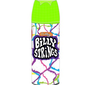 May include: A cylindrical container of "Silly Billy Strings" toy. The container has a bright green top and a white body with colorful string-like designs. The product name is in a purple and white bubble letter font.