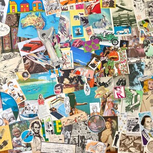 May include: A collection of vintage ephemera, including postcards, illustrations, and photographs. The collage features images of cars, people, buildings, and landscapes, with a variety of colours and styles. The arrangement is densely packed, creating a visually rich composition.