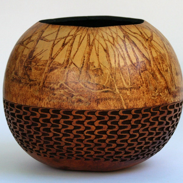 Deer in the Wood Pyrography on Gourd Art Bowl