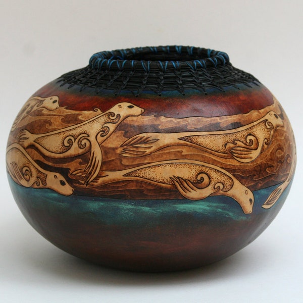 Selkie Swim - Celtic Seal Gourd Art Bowl Pine Needle Rim