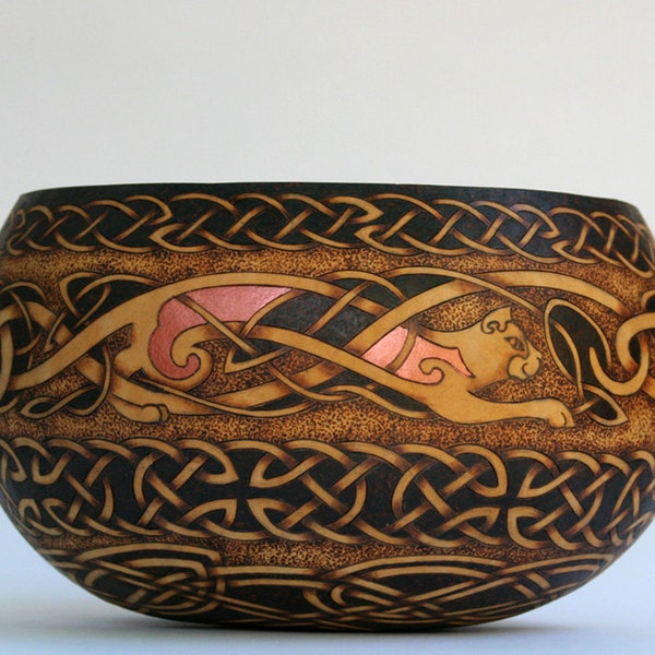 Celtic Cats Pyrography Wood burned Gourd Art Bowl