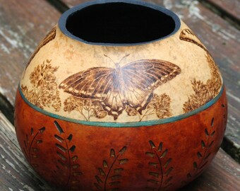 Butterflies pyrography wood burned Gourd Vase